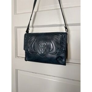 Patricia Nash Leather Shoulder Bag, Deep Teal,  Embossed, w/Silver Hardware